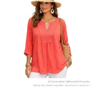 Cotton Silk Coral Tunic Blouse XXL Boho Resort Semi Sheer Relaxed Top